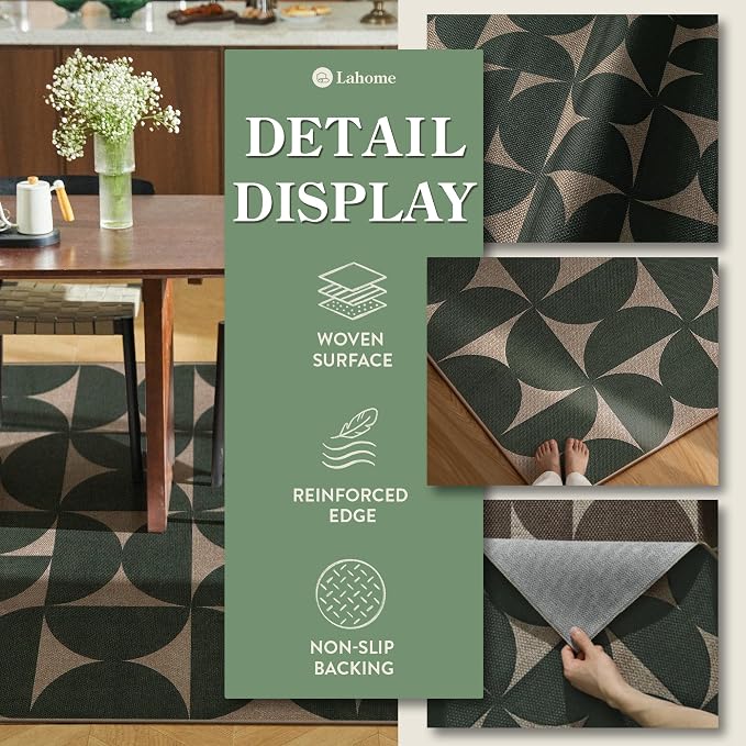 Lahome Semi Circle Easy Jute Kitchen Runner Rug, Green 2x8 Washable Runner | Non Slip Lightweight Stain Resistant Indoor Outdoor Long Carpet for Entryway Hallway Laundry
