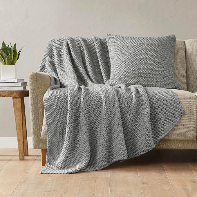 INK+IVY Bree Knit All Season Throw Blanket for Sofa, 50 x 60, Grey | Ultra Soft, Acrylic, Lightweight, OEKO-TEX Certified