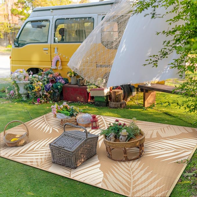 GENIMO Outdoor Rug, Waterproof Plastic Rugs for Patio, 5'x8' Brown Beige | Outside Larger Leaf Carpet Mat for Porch Decor, Deck, Balcony, Camping, RV, Backyard, Picnic, Beach, Reversible, Foldable