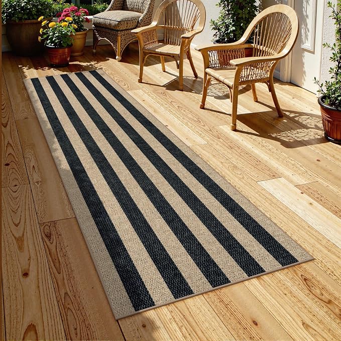 Lahome Striped Easy Jute Kitchen Runner Rug, 2x8 Outdoor Rugs Washable | Non Slip Black Runner for Long Hallway Entryway, Modern Farmhouse Non Shedding 8ft Indoor Carpet for Entry Porch Laundry Room