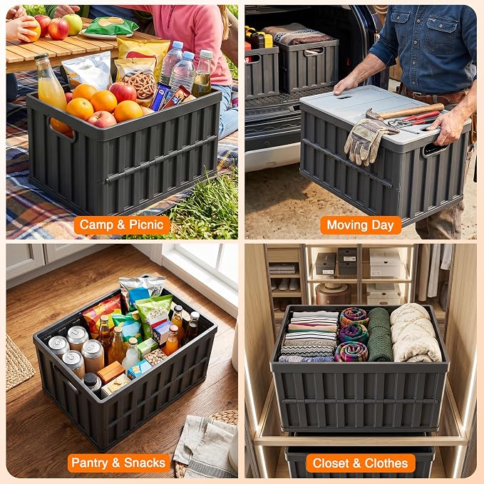 Citylife 64L Collapsible Storage Bins with Lids Plastic Storage Containers for Organizing Stackable Storage Box Large Heavy Duty Utility Crates, 4 Packs