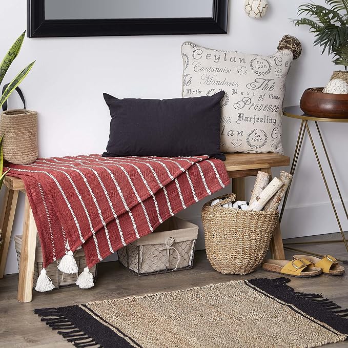 DII Striped Throw Collection Cotton Slub, Hand-Tied Tassels, 50x60, Clay & Off-White