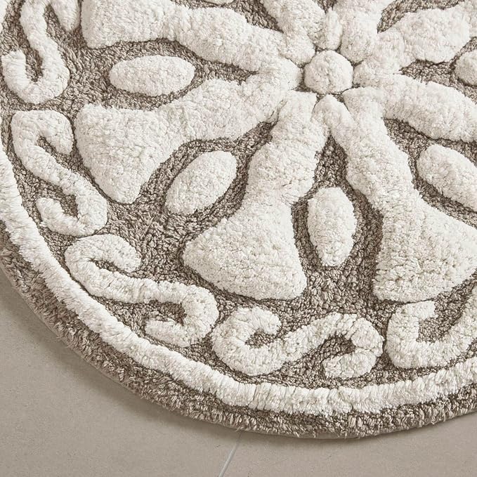 Madison Park Casablanca Tufted Cotton Bath Rug Non-Slip, Round 25", Taupe | Luxurious Plush Bath Mat, Quick Dry, Soft, Machine Washable, Floral Pattern, Absorbent, Plush, OEKO-TEX, for Bathroom
