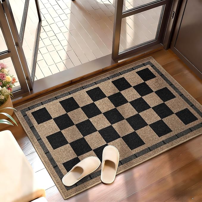 Vasofe Washable Small Entry Rug, 2x3 Checkered Jute Rugs Outdoor Indoor Mat | Non-slip Bedroom Front Door Mats Entrance Doorway Kitchen Carpets, Plaid Farmhouse Porch Carpet, Black and Brown