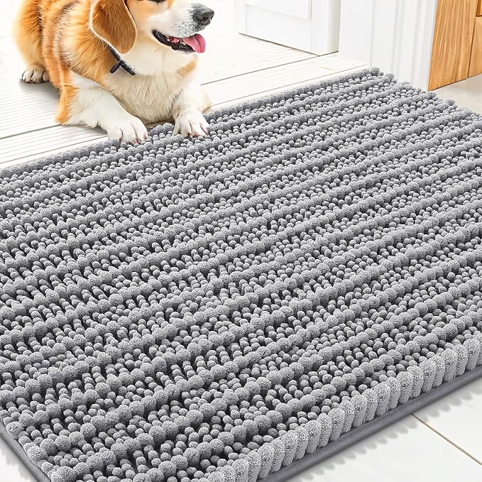 Smiry Dog Door Mat for Muddy Paws 34x21, Absorbent Dirt Trapper, Non-Slip Washable Chenille Entryway Rug for Inside Floor, Grey, Layered Pattern