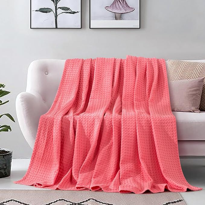 Elegant Comfort Premium 100% Cotton Waffle Blanket - Lightweight Breathable Waffle Weave Bed Blanket - Soft and Warm All Season Blanket for Couch, Sofa and Bed, Full Size 88x88 Inches, Coral