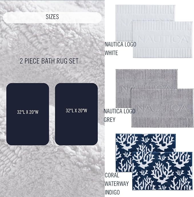 Nautica - Bath Rugs, Soft & Absorbent Plush Bath Mat with Skid Resistant Backing, Oeko-Tex Certified (Nautica Logo White, 2-Piece)