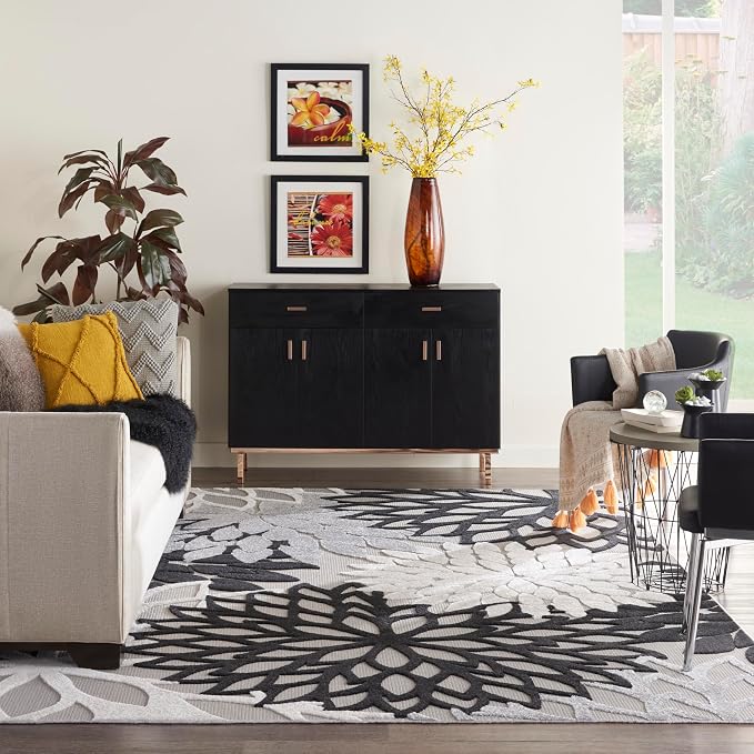Nourison Home Aloha Indoor/Outdoor Black White 7' x 10' Area Rug, Tropical, Botanical, Easy Cleaning, Non Shedding, Bed Room, Living Room, Dining Room, Deck, Backyard, Patio (7x10)