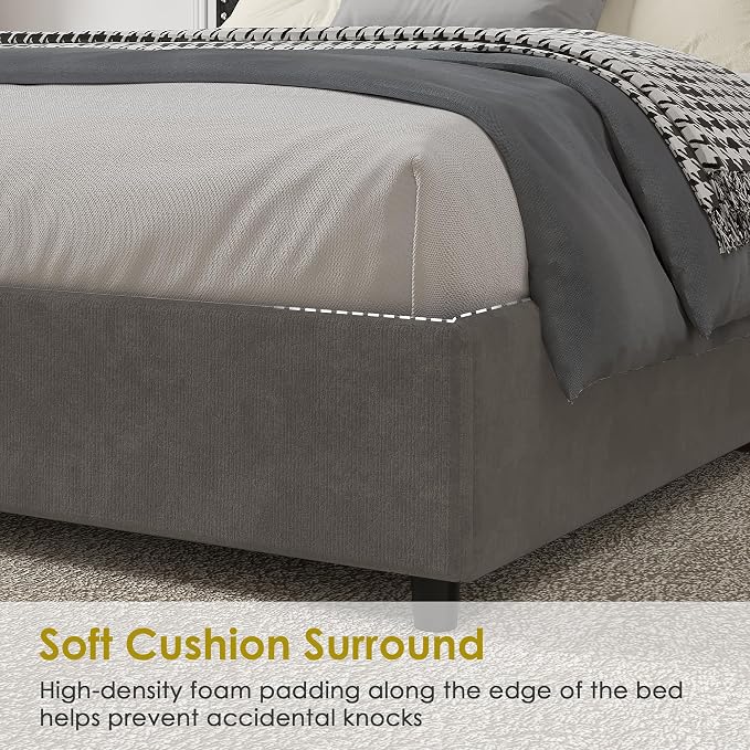 VECELO Queen Size Upholstered Bed Frame with 4 Storage Drawers, Adjustable Velvet Rivet Decor Headboard, Wooden Slats Platform Support, No Box Spring Needed, Easy Assembly,Dark Grey