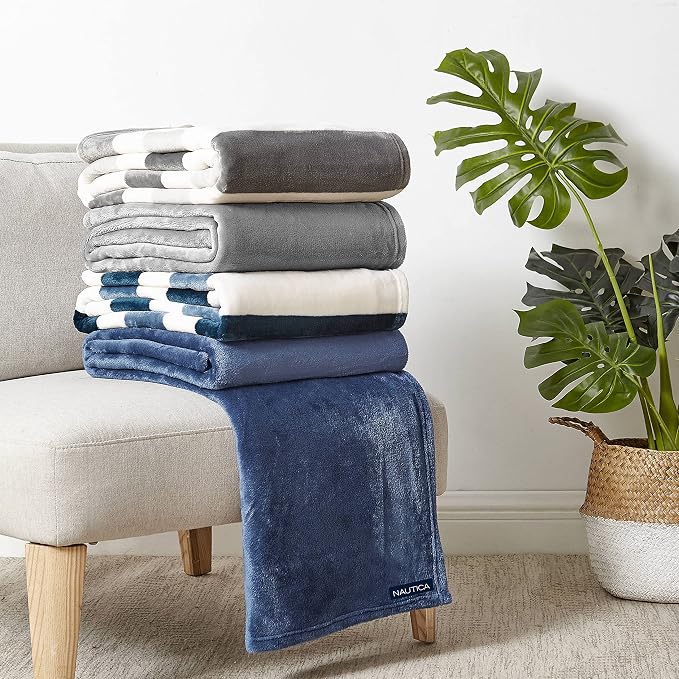 Nautica - Throw Blanket, Super Soft & Cozy Fleece Bedding, Dorm Room Essentials (Awning Stripe Grey, 50" x 60")