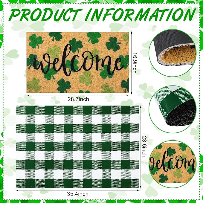 Tinideya 2 Pcs St. Patrick Day Door Mat Welcome Non Slip Coir Mats Clover Pattern Green White Plaid Floor Layering Doormats Seasonal for Front Porch Entryway Decor(st Patrick's Day)