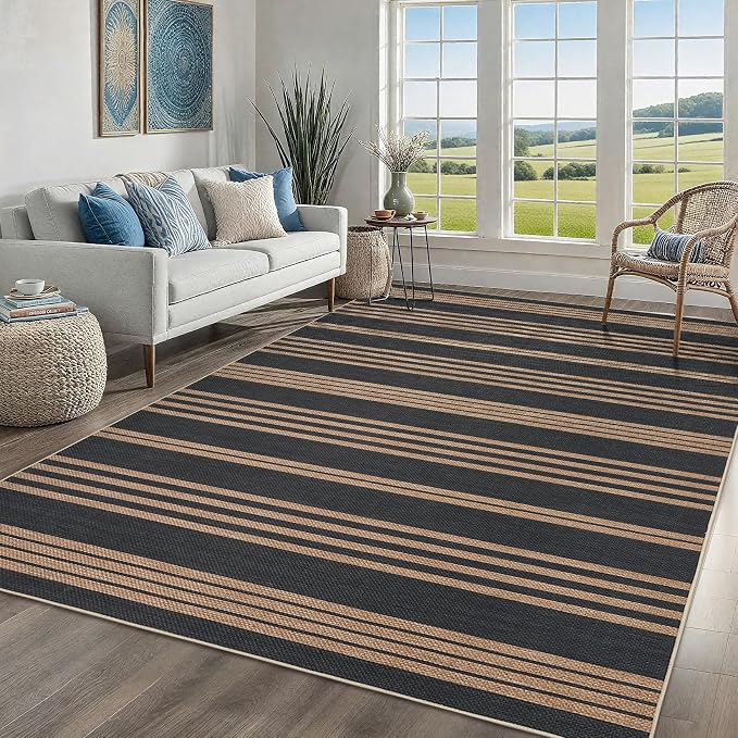 COZYLOOM 4x6 Bedroom Rug Machine Washable Area Rugs for Living Room Non Slip Non Shedding Modern Striped Easy Jute Rug Stain Resistant Geometric Carpet for Nursery RV Patio, Black/Coffee