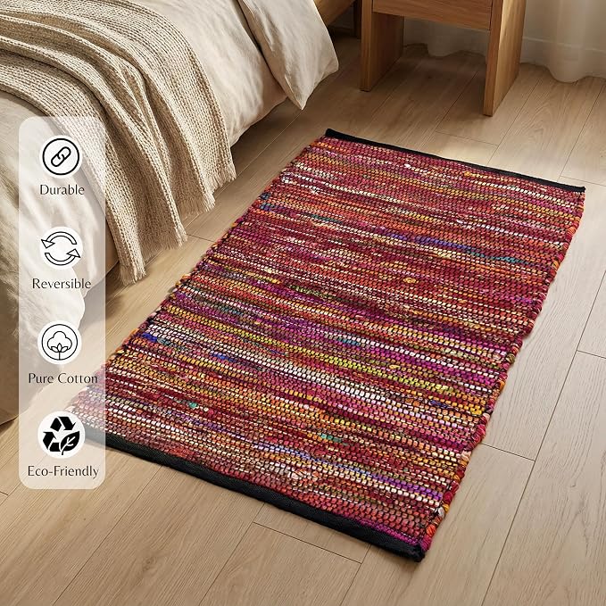 Ramanta Home Cotton Chindi Hand Woven Rug - 2x3 ft Multi Color, Reversible Area Rugs for Indoor, Outdoor, Living Room, Kitchen, Entryway | Boho Door Mat for Home Decor - 24x36 Inches