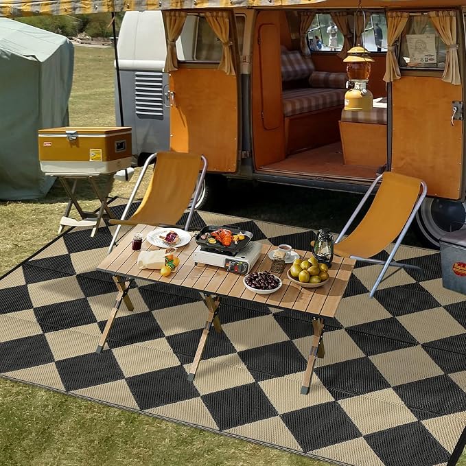 GarveeLife 9x18 Outdoor Rug for Patio Reversible, Plastic Straw Rug Waterproof Camping Rug Portable, Foldable Lightweight Mat for RV, Patio, Backyard, Deck, Picnic, Beach (Black/Offee)