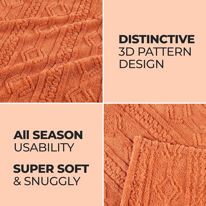 Superior Fleece Boho Jacquard Blanket, Decorative Blankets for Bedroom, Sofa, Fuzzy, Plush, Fluffy, Soft, Cute Room Decor, Beautiful Cover, Comfort Essentials, Arctic Collection, King, Dusty Orange