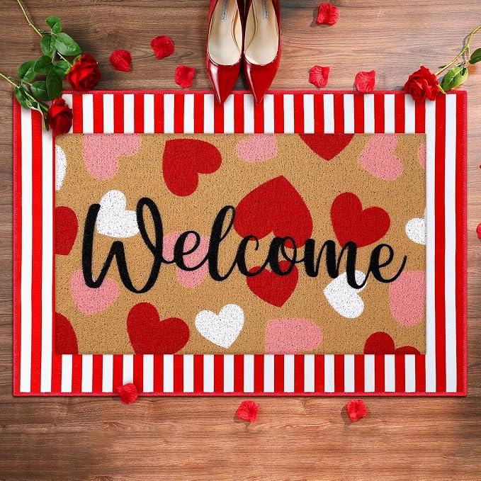 Tinideya 2 Pcs Valentine Door Mat Heart Welcome Outdoor Non Slip Coir Mats Red and White Stripe Floor Layering Doormats Seasonal for Front Porch Entryway Decor(Valentine Heart)
