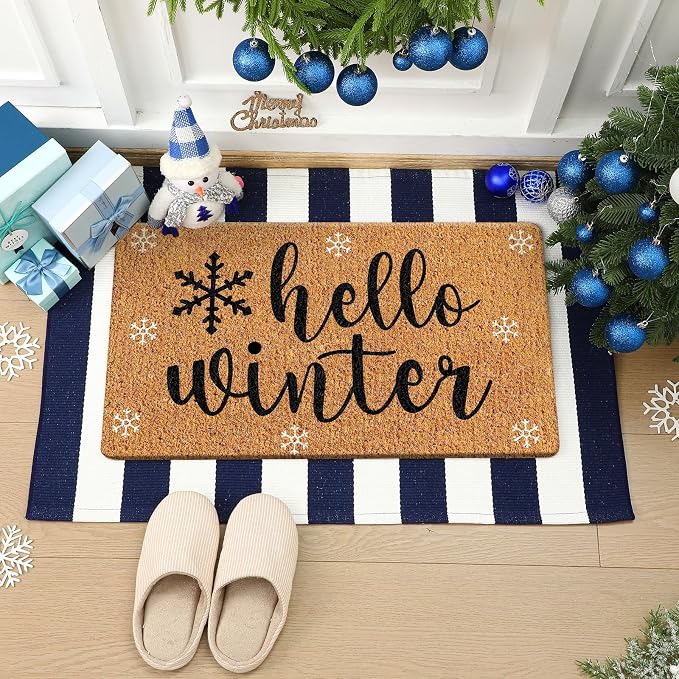 Moucuny 2 Pcs Hello Winter Door Mat Outdoor Snowflake Nature Coir Welcome Outdoor Rug Dark Blue White Stripe Front Door Rugs Non Slip Floor Mats for Winter Entrance Front Porch Decor