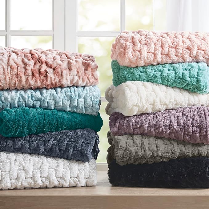 Madison Park Ruched Fur Throw Faux Fur Blanket for Sofa, 50" x 60", Aqua | Luxury, Premium, Soft Cozy Brushed Long Pile, All Season Plush Modern OEKO- TEX Certification Warm For Bed, Couch or Sofa