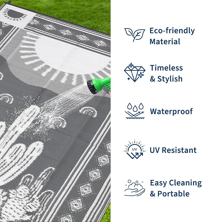 Garvee Reversible Cactus Outdoor Rug 8x10 for Patio, Waterproof Outdoor Area Rug, Modern Desert Botanical Indoor Outdoor Rugs, Plastic Straw Rug for RV, Camping, Deck, Grey