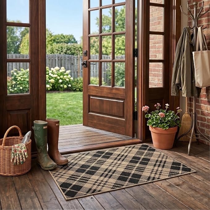 2x3 Entryway Door Mat Indoor Outdoor– Washable Non Slip Small Rug for Front Door, Back Door, Kitchen Sink, Mudroom, Garage Entry, Low Profile Easy Clean Farmhouse Cottage Plaid Floor Mat