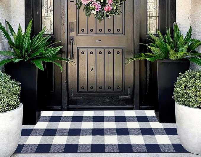 Front Porch Rug 2'X4.3' Blue and White Checkered Outdoor Rug Cotton Woven Washable Halloween Layering Door Mat for Welcome Mat Entryway Bedroom Living Room