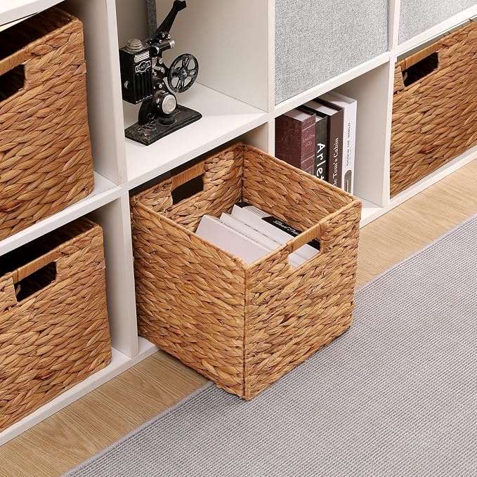 Water Hyacinth Storage Baskets 11x11x11 Inch Wicker Storage Cubes Set of 2 | Handwoven Foldable Wicker Cubes with Sturdy Handles, Rustic Laundry Organizer for Bedroom Shelves, Kitchen, Bathroom