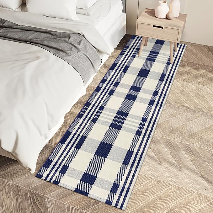 Buffalo Plaid Runner Rug Navy and Off White 2x6 Hallway Cotton Woven Rug Farmhouse Checkered Runner Rug Washable Runners for Entryway Kitchen Laundry Room Bedroom Living Room
