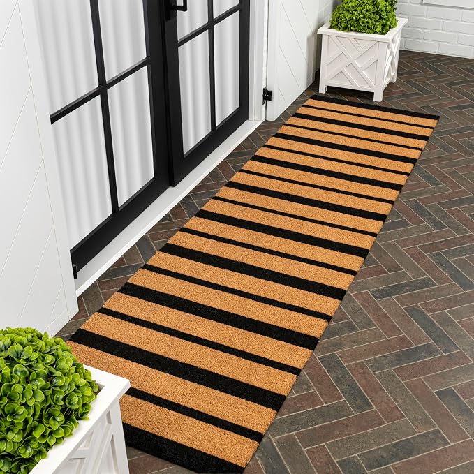JONATHAN Y Natural Coir Indoor/Outdoor Runner Rug 2X8 Natural/Black, Peater Classic Casual Commerical Doormat Ideal for Door Entrance, Patio, Porch, Backyard, Garages NRF108A-28