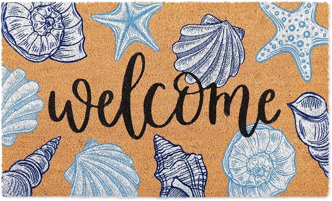 JarThenaAMCS Seashell Beach Doormat Natural Coir Welcome Floor Mat Blue White Coastal Starfish Conch Non-Slip Entrance Door Rug for Summer Indoor Outdoor Home Bathroom Decor