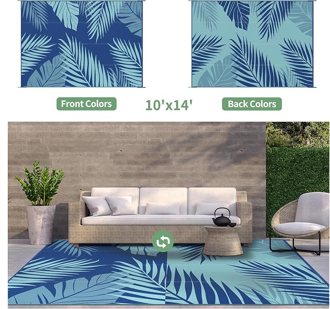 GENIMO Outdoor Rug, Waterproof Plastic Rugs 10'x14' for Camping Navy Green | Outside Larger Leaf Carpet Mat for Porch Decor, Deck, Camping, RV, Backyard, Balcony, Picnic, Beach, Reversible, Foldable