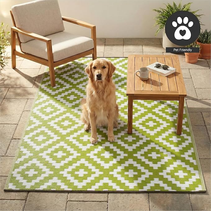 FH Home Outdoor Rug - Waterproof, Fade Resistant, Reversible - Premium Recycled Plastic - Geometric - Patio, Porch, Deck, Balcony - Aztec - Green & White Crease Free - 5 x 8 ft