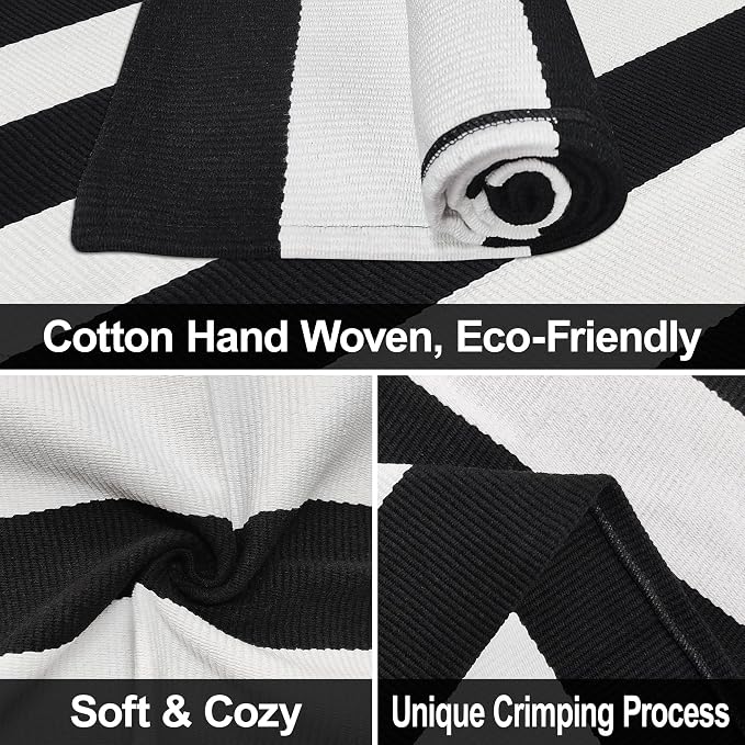 Black and White Striped Rug 3x5 Front Door Mat Cotton Woven Rug Front Porch Decor Washable Indoor Outdoor Rugs for Layered Door Mats Entryway Kitchen Bath Patio Farmhouse Carpet