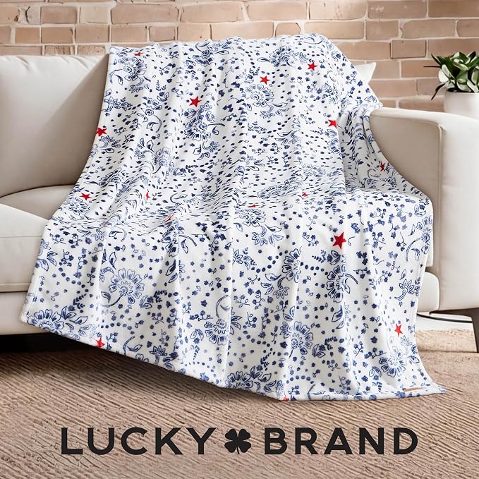 Lucky Brand 50" x 70" Plush Throw Blanket, Bandana White/Navy | For Sofa or Bed