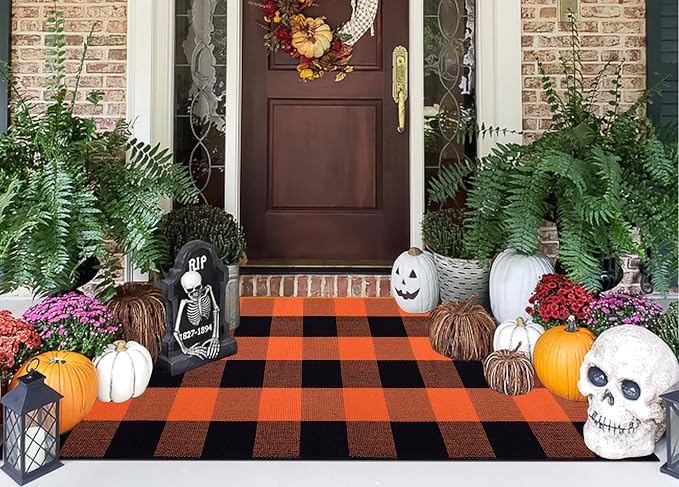 Orange and Black Outdoor Rug 24''x51''Fall Front Porch Rug Cotton Woven Washable Checkered Door Mat Outdoor for Layered Doormat Halloween Kitchen Farmhouse Entryway