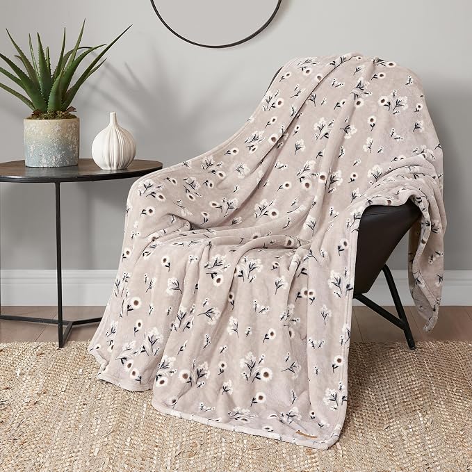 Lucky Brand Cozy Plush Blanket - Premium Microfiber Throw for Luxurious Comfort and Style, 50" x 70", Daisy Beige Floral