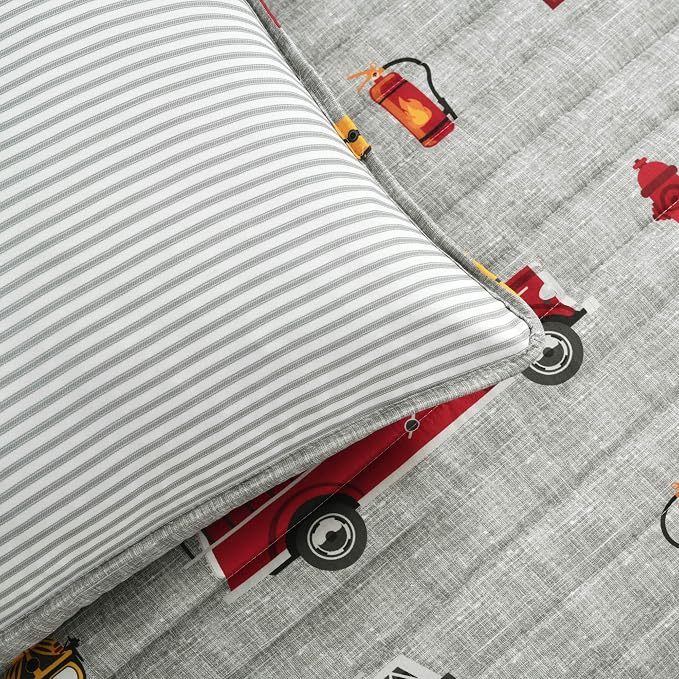 Lush Decor Fire Truck Quilt 4 Piece Set, Full/ Queen, Red & Gray - Reversible Stripe Print Bedding Set for Kids Room
