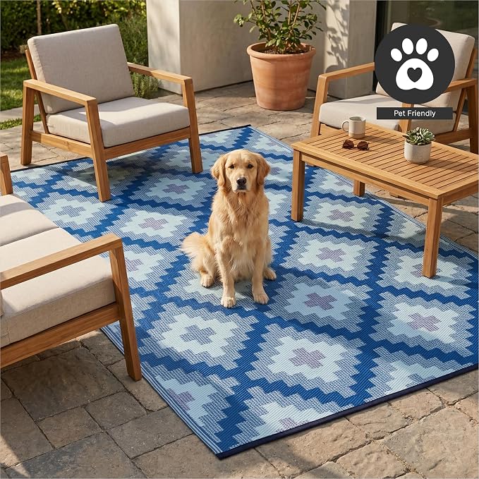 FH Home Outdoor Rug - Waterproof, Fade Resistant, Reversible - Premium Recycled Plastic - Geometric - Patio, Deck, Porch, Balcony, Laundry Room - Aztec Kilim - Blue Multi Crease Free - 5 x 8 ft