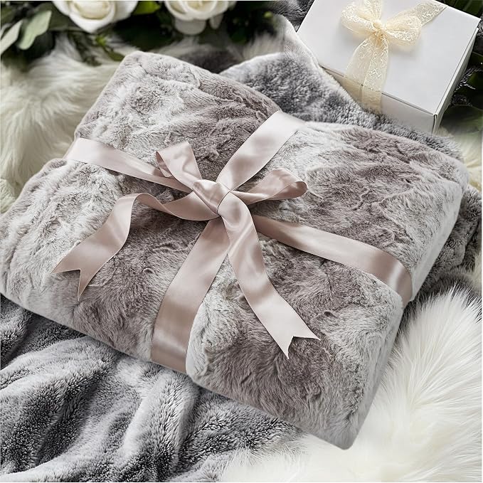 Madison Park Zuri Faux Fur Reversible Throw Blanket, 50 x 60 in, Grey | Oversized Soft Plush, Luxury, Animal Stripes, Mink Reverse, Modern, All Season, for Bed Sofa Couch, OEKO-TEX Certified