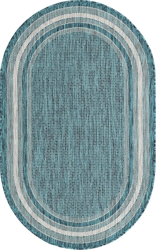 Unique Loom Outdoor Border Collection Area Rug - Soft Border (3' 3" x 5' 3" Oval, Teal/ Ivory)