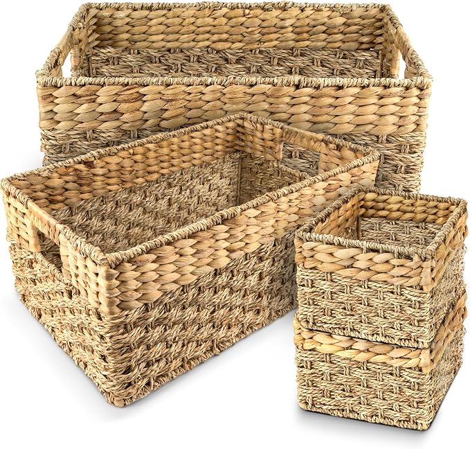 Wicker Storage Basket for Shelves, Set of 4 | Natural Seagrass and Hyacinth, Nesting, Woven Storage Baskets for Organizing Living Room, Shelves, Pantry, Rectangle, Rattan