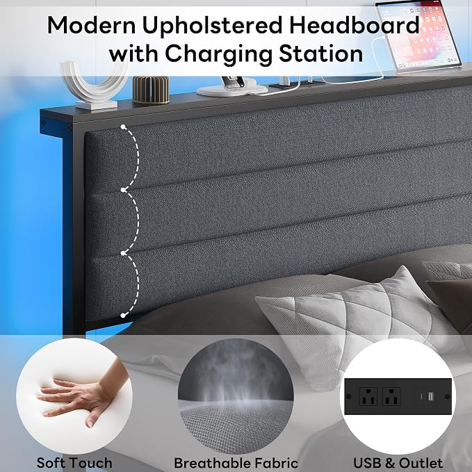 LIKIMIO Queen Size Bed Frame with 2 Storage Drawers, Upholstered Headboard | Queen Platform Bed Frame with Charging Station & LED Lights, Modern Style, Noise Free, No Box Spring Needed, Black and Grey