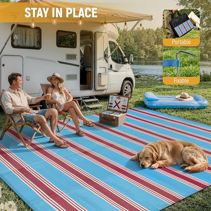 Lahome Striped Waterproof Outdoor Rug 8x10 Patio, Reversible Patriotic Outdoor Camping Rug Plastic Straw, RV Patio Rugs Carpet for Patriotic Decor Porch Deck Backyard(Blue/Red,8'x 10')