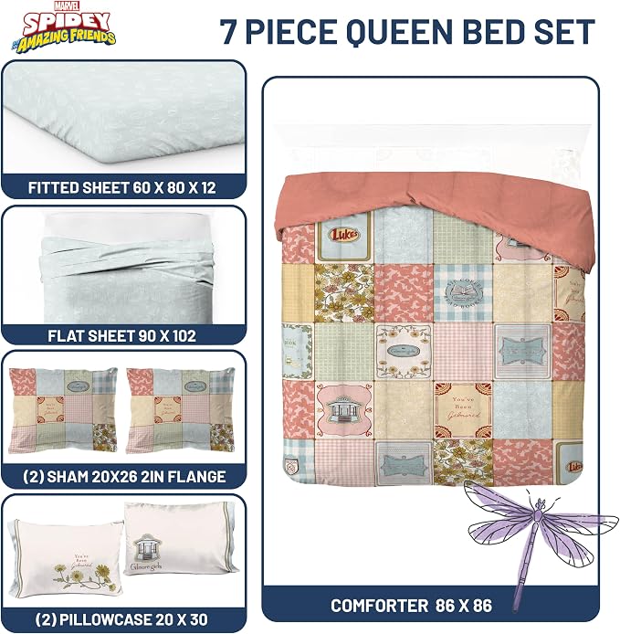 Gilmore Girls Queen Comforter Set 7 Piece Soft Bedding for Girls, Multi | Bed in a Bag, Comforter Sheets Shams Pillowcases, Official Product, Soft Microfiber, Machine Washable, Girls Gift