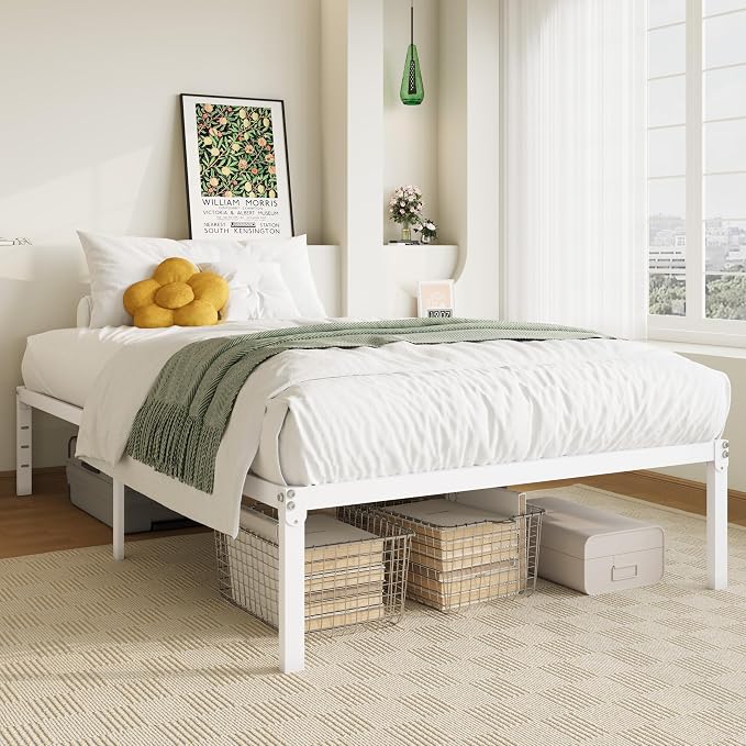 Allewie Twin XL Bed Frame, 14 inch Metal Beds with Storage Space, White | Heavy-Duty Metal Platform Beds, Large Under-Bed Storage Space, No Box Spring Needed, Easy Assembly