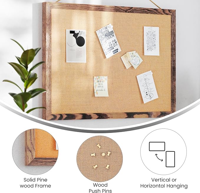 Flash Furniture Rustic Wall Mount Linen Board, for Home, Office, School, Comes with Wood Push Pins, 18" x 24", Torched Brown