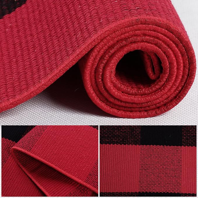 uxcell Buffalo Check Rug,Plaid Outdoor Rug,Layered Door Mat,Cotton Gingham Rugs,Floor Mat for Front Porch/Runner/Bedroom/Kitchen/Farmhouse 59"x35" Red & Black
