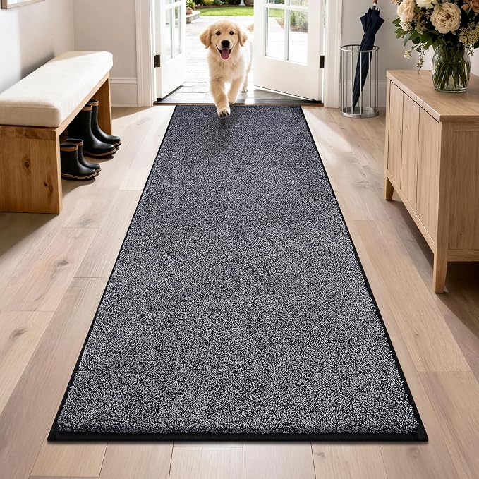 PURRUGS Dirt Trapping Door Mat 31.5" x 70", Non-Slip Machine Washable Entryway Rug, Dog Doormat, Indoor Front Door Mat, Super Absorbent Entry Rug for Muddy Shoes & Paws, Bluish Grey-Black