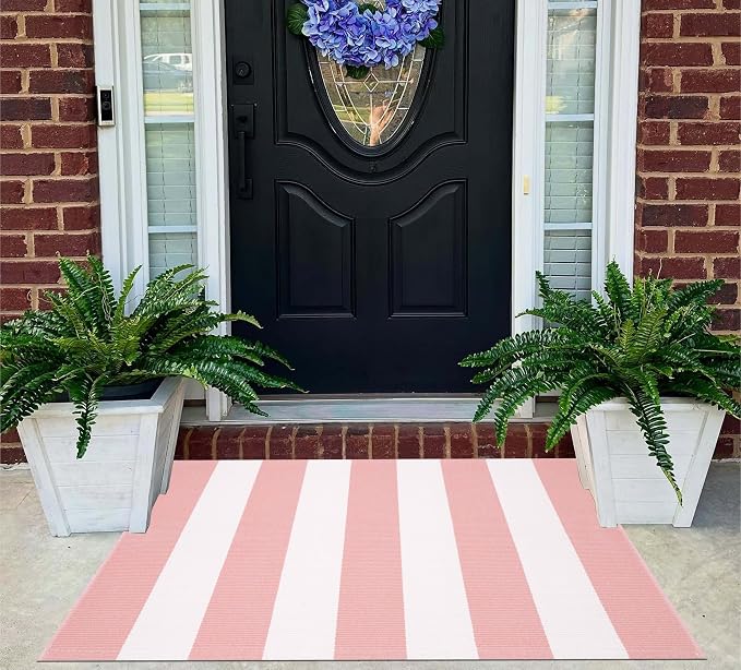 Outdoor Front Door Mat 24"x35",Cotton Woven Washable Striped Layered Doormat Pink and White Indoor Outdoor Area Rug for Entryway Porch Decor Home Entrance