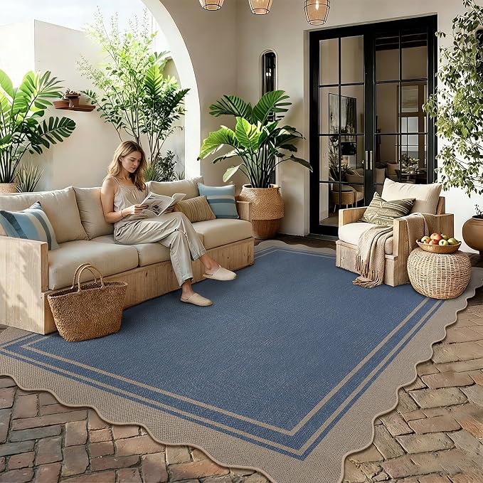 5x7 Scalloped Rug Easy Jute Washable Outdoor Patio Rug for Living Room Indoor Outdoor Blue Geometric Neutral Carpet for Backyard Patio Dining Room