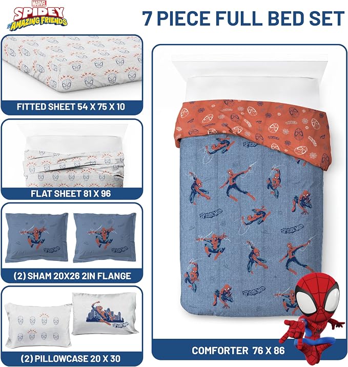 Marvel Spiderman Full Comforter Set 7 Piece Bedding for Boys, Blue | Bed in a Bag, Comforter Sheets Shams Pillowcases, Official Product, Soft Microfiber, Machine Washable, Boys Gift